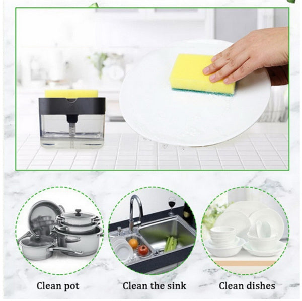 Space-saving liquid soap dispenser with sponge holder Space-saving liquid soap dispenser with sponge holder